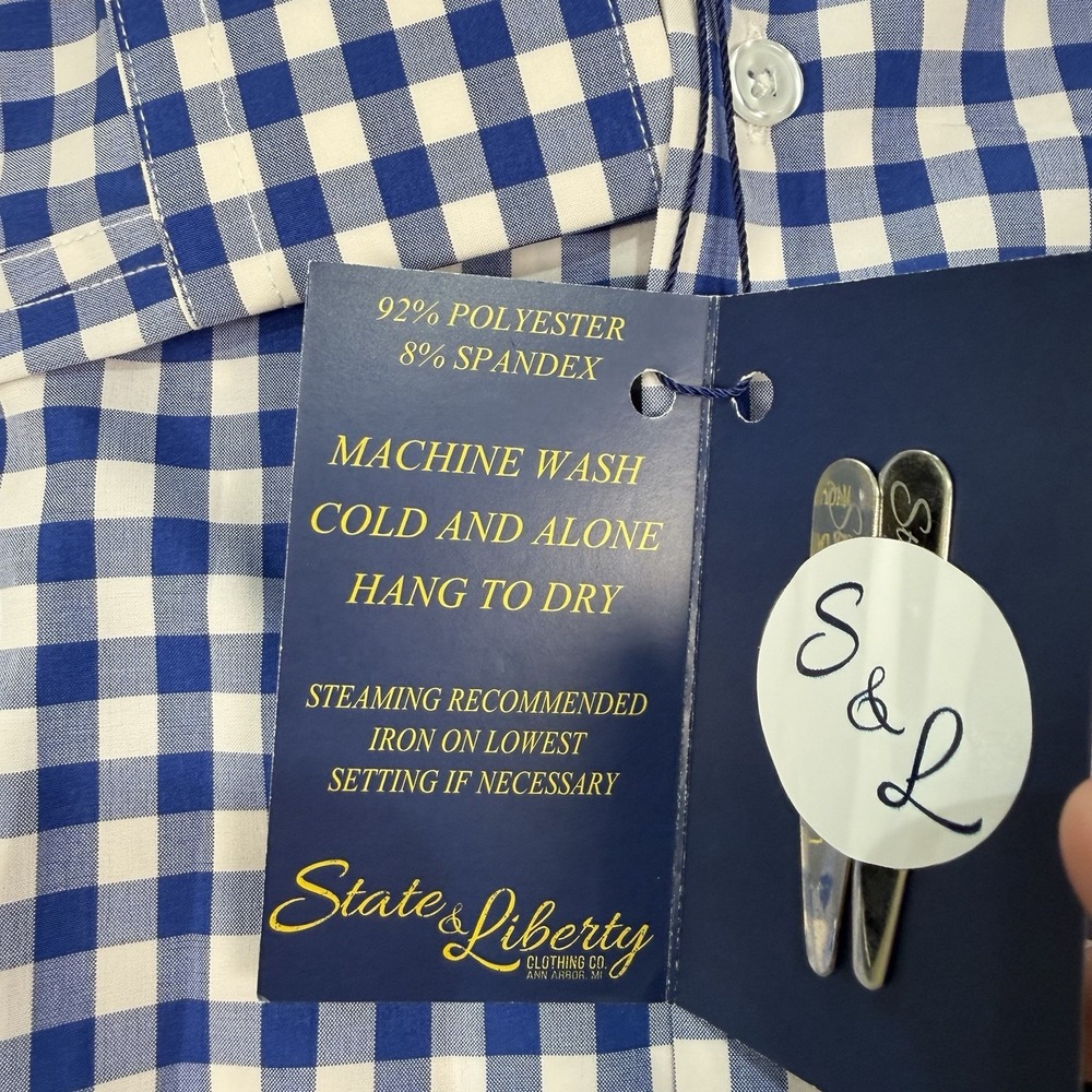 NWT State & Liberty Shirt Mens Large Blue White Gingham Check Long Sleeve - Picture 7 of 8